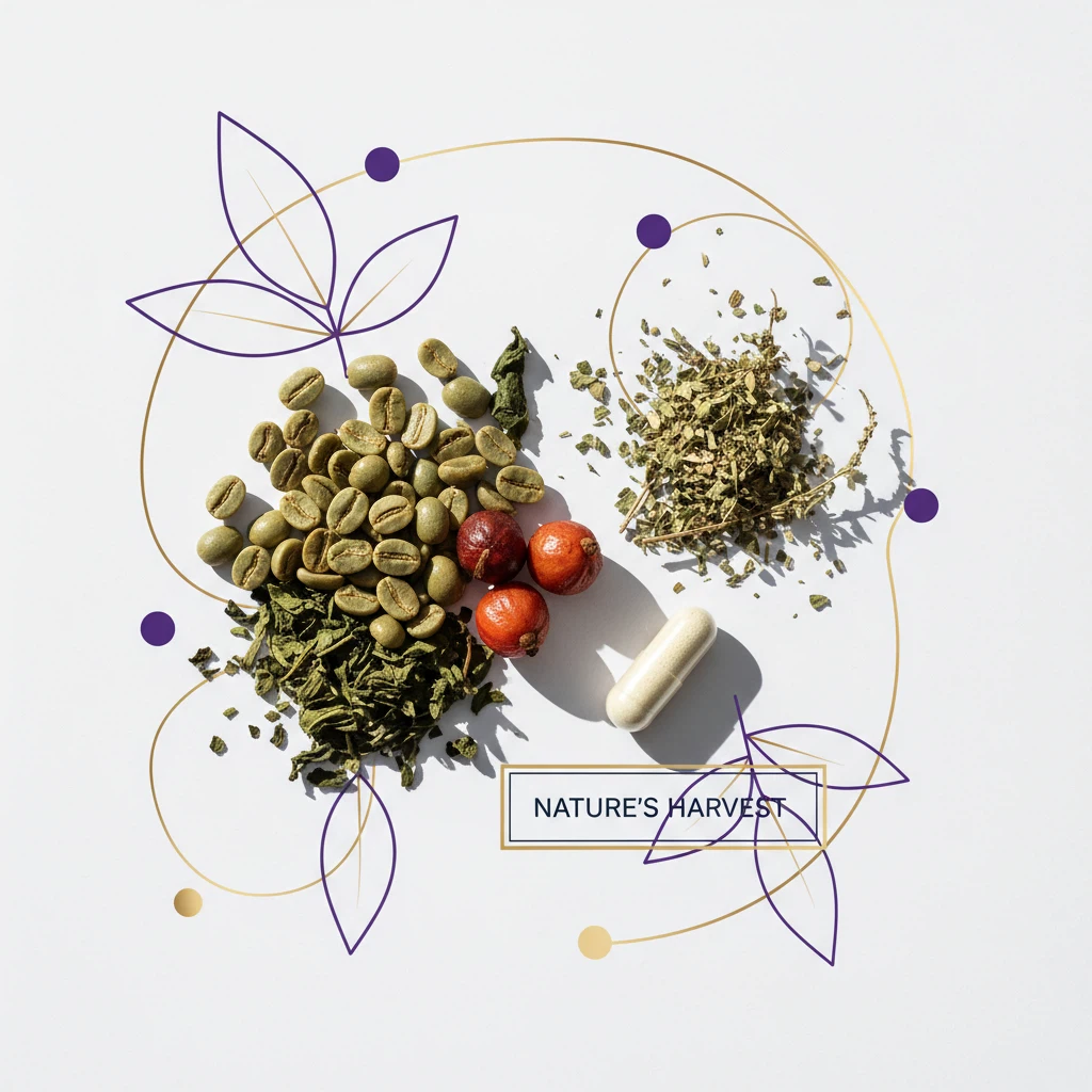 Botanical ingredients: green coffee beans, green tea leaves, guarana berries and herbs for a metabolism support supplement