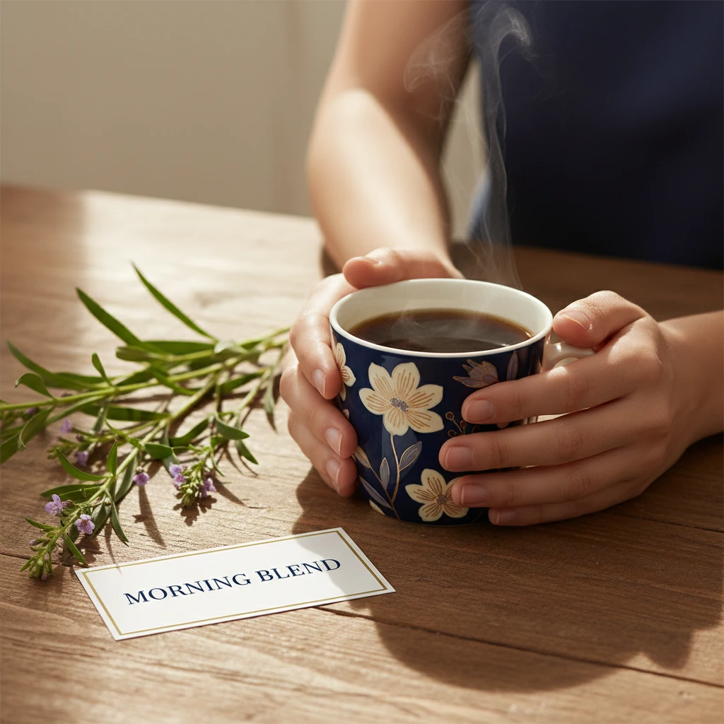 Hands holding a warm coffee cup with botanical ingredients nearby