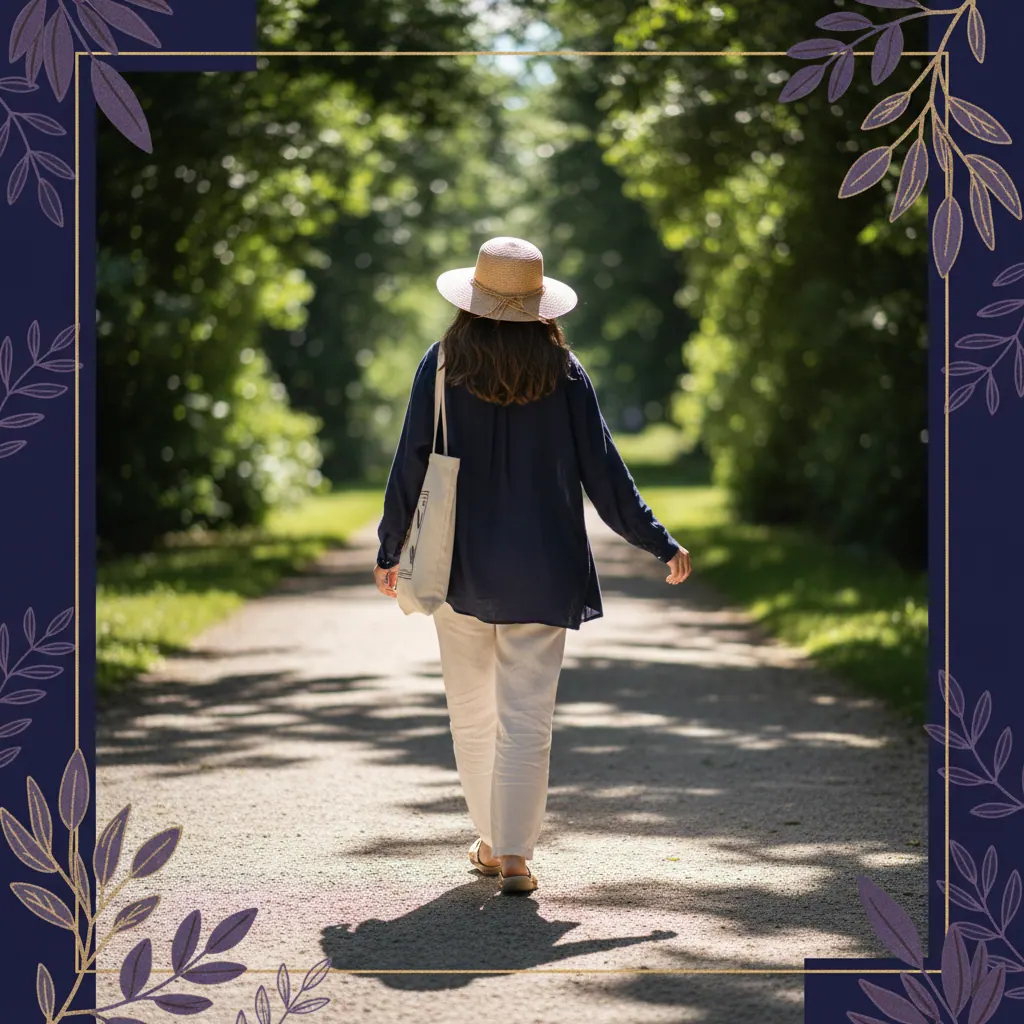 Person walking through a sunlit park path, active lifestyle